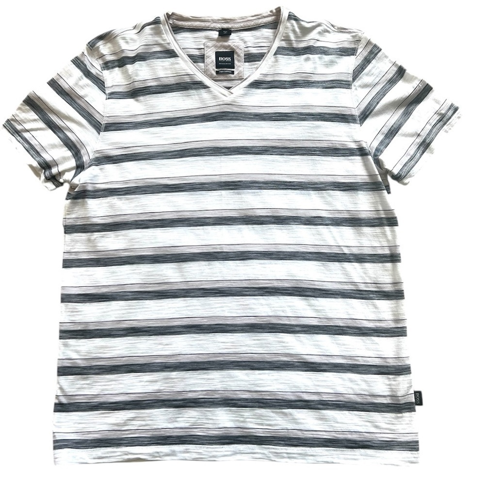 Boss men’s lightweight Pima cotton V-neck striped short sleeve shirt XL